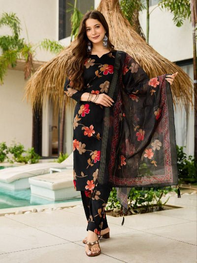 Black Silk Blend Floral Salwar Suit Set - BONYHUBSALWAR KAMEEZ