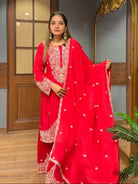 Red Georgette Chic Embroidery Work Sharara Set - BONYHUBSALWAR KAMEEZ