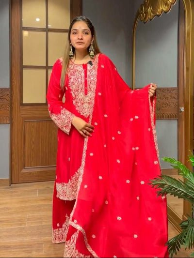 Red Georgette Chic Embroidery Work Sharara Set - BONYHUBSALWAR KAMEEZ