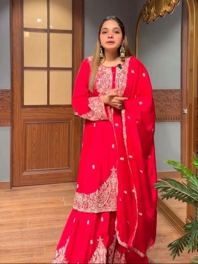 Red Georgette Chic Embroidery Work Sharara Set - BONYHUBSALWAR KAMEEZ
