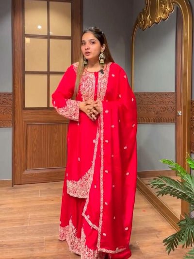 Red Georgette Chic Embroidery Work Sharara Set - BONYHUBSALWAR KAMEEZ