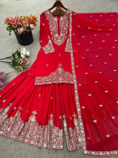 Red Georgette Chic Embroidery Work Sharara Set - BONYHUBSALWAR KAMEEZ