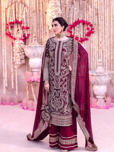 Maroon Georgette Embroidery Beads Work Palazzo Suit Set - BONYHUBSALWAR KAMEEZ