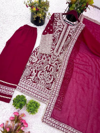 Maroon Georgette Embroidery Beads Work Palazzo Suit Set - BONYHUBSALWAR KAMEEZ