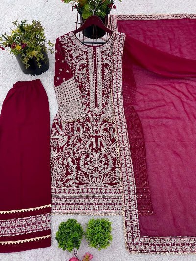 Maroon Georgette Embroidery Beads Work Palazzo Suit Set - BONYHUBSALWAR KAMEEZ