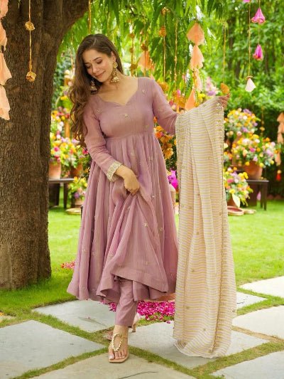 Blush Pink Georgette Embroidery Work Anarkali Suit Set - BONYHUBSALWAR KAMEEZ