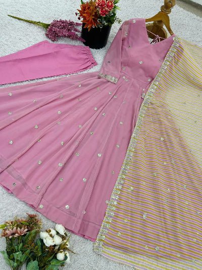 Blush Pink Georgette Embroidery Work Anarkali Suit Set - BONYHUBSALWAR KAMEEZ