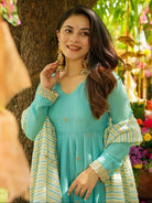 Aqua Blue Georgette Embroidery Work Anarkali Suit Set - BONYHUBSALWAR KAMEEZ