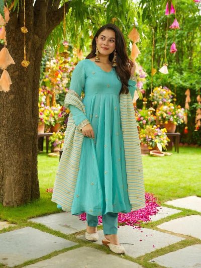 Aqua Blue Georgette Embroidery Work Anarkali Suit Set - BONYHUBSALWAR KAMEEZ