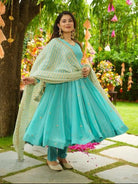 Aqua Blue Georgette Embroidery Work Anarkali Suit Set - BONYHUBSALWAR KAMEEZ