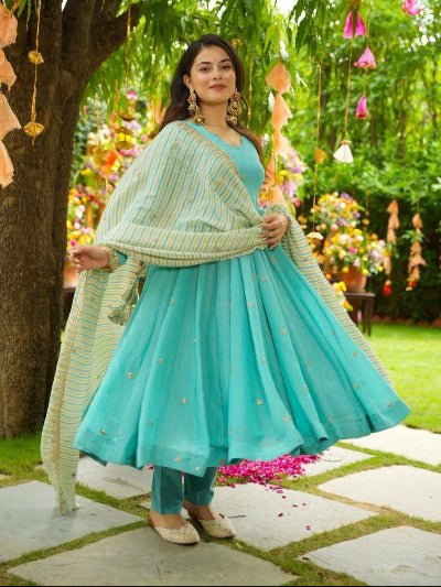 Aqua Blue Georgette Embroidery Work Anarkali Suit Set - BONYHUBSALWAR KAMEEZ