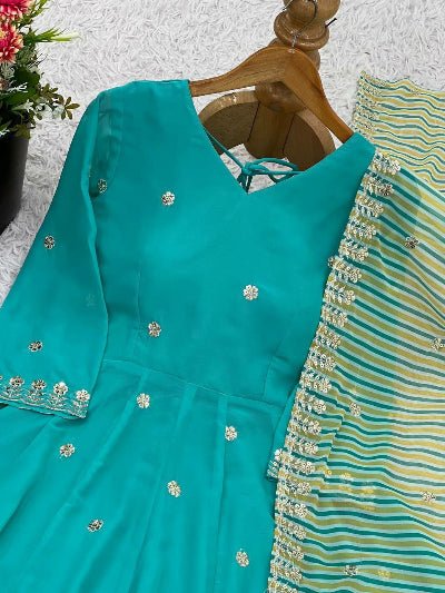 Aqua Blue Georgette Embroidery Work Anarkali Suit Set - BONYHUBSALWAR KAMEEZ