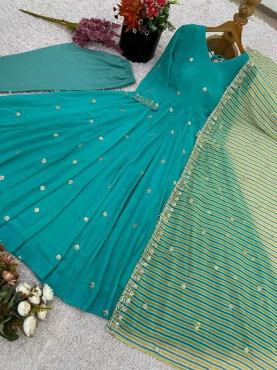 Aqua Blue Georgette Embroidery Work Anarkali Suit Set - BONYHUBSALWAR KAMEEZ