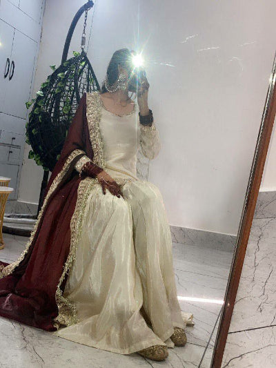 Gold Chinon Embroidered Gharara Suit Maroon Dupatta