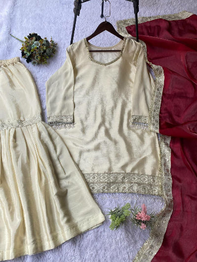 Gold Chinon Embroidered Gharara Suit Maroon Dupatta