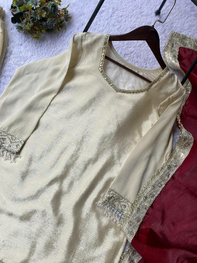 Gold Chinon Embroidered Gharara Suit Maroon Dupatta