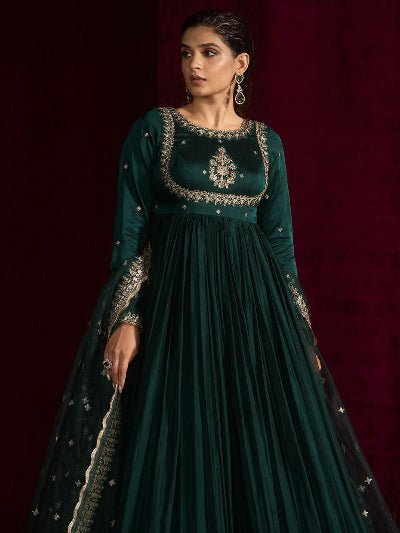 Turquoise Blue Thread Embroidery Work Anarkali Suit Set - BONYHUBSALWAR KAMEEZ