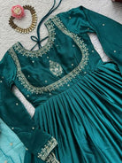 Turquoise Blue Thread Embroidery Work Anarkali Suit Set - BONYHUBSALWAR KAMEEZ