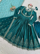 Turquoise Blue Thread Embroidery Work Anarkali Suit Set - BONYHUBSALWAR KAMEEZ