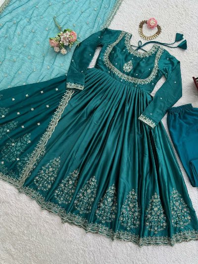 Turquoise Blue Thread Embroidery Work Anarkali Suit Set - BONYHUBSALWAR KAMEEZ