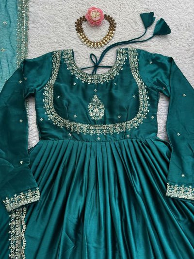 Turquoise Blue Thread Embroidery Work Anarkali Suit Set - BONYHUBSALWAR KAMEEZ