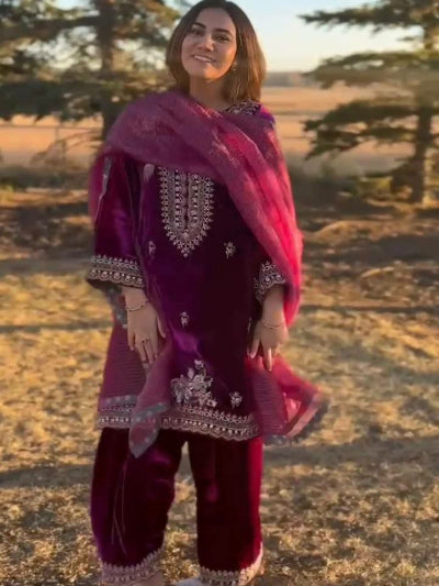 Elegant Burgandy Velvet Gold Embroidery Salwar Suit