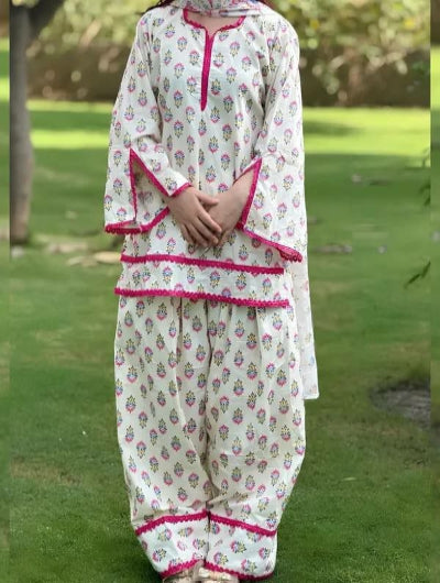 White Floral Printed Crepe Farshi Suit for Women UK