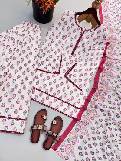 White Floral Printed Crepe Farshi Suit for Women UK