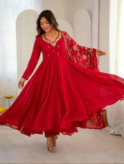 Crimson Red Embroidered Georgette Anarkali Suit Women | Asian Ethnic Wear UK