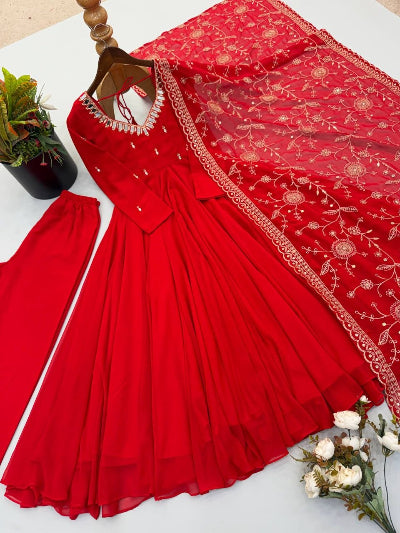 Crimson Red Embroidered Georgette Anarkali Suit Women | Asian Ethnic Wear UK