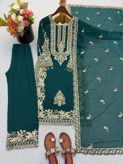 Teal Green Embroidered Georgette Straight Suit Set for Women