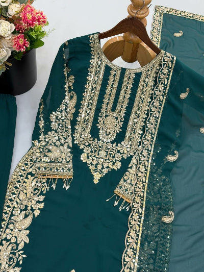 Teal Green Embroidered Georgette Straight Suit Set for Women