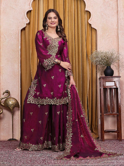 Magenta Wine Embroidered Fendy Silk Sharara Suit for Women | Asian Ethnic Wear UK