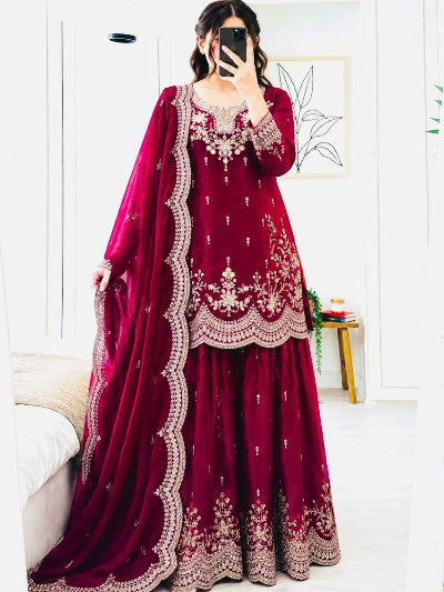 Wedding Wear Embroidered Sharara Suit for Women | Asian Ethnic Wear - 7 colours