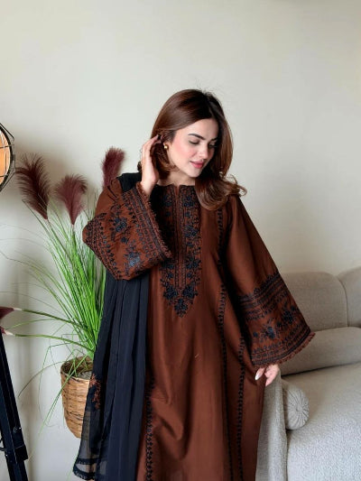 Chocolate Brown Embroidered Roman Silk Suit Set for Women | Asian Ethnic Wear UK