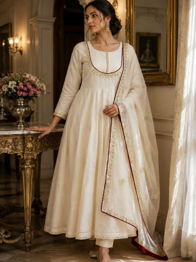 Ivory Cream Gold Embroidered Anarkali Suit for Women | Asian Ethnic Wear UK