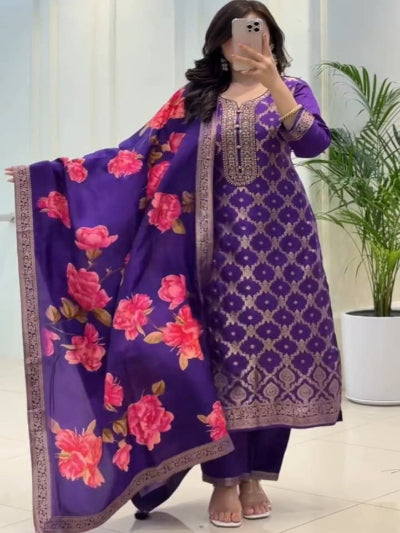 Purple Banarasi Silk Suit With Floral Dupatta