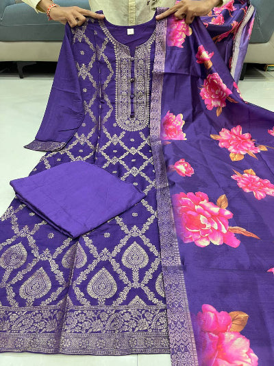 Purple Banarasi Silk Suit With Floral Dupatta
