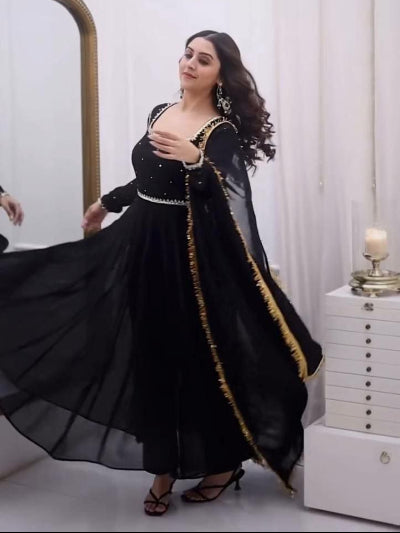 Black Partywear Georgette Gold Handwork Anarkali Suit