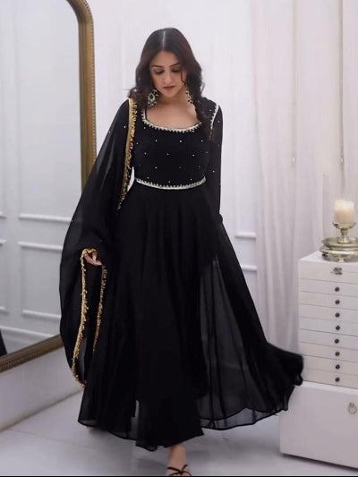 Black Partywear Georgette Gold Handwork Anarkali Suit
