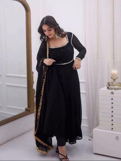 Black Partywear Georgette Gold Handwork Anarkali Suit