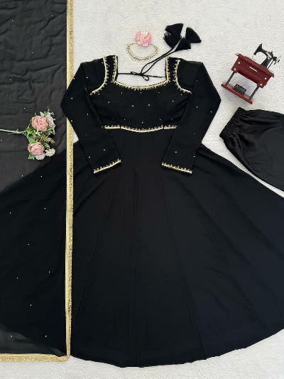 Black Partywear Georgette Gold Handwork Anarkali Suit