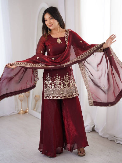 Maroon Embroidered Kurta, Sharara &amp; Dupatta Set