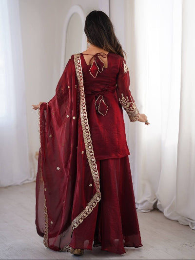 Maroon Embroidered Kurta, Sharara &amp; Dupatta Set