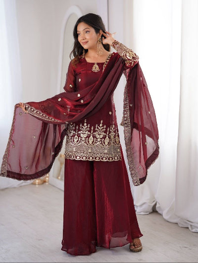 Maroon Embroidered Kurta, Sharara &amp; Dupatta Set