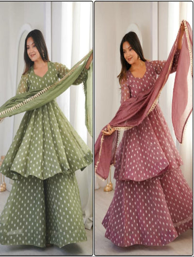 Blush Pink &amp; Pista Green Peplum Style Kurti Sharara Dupatta