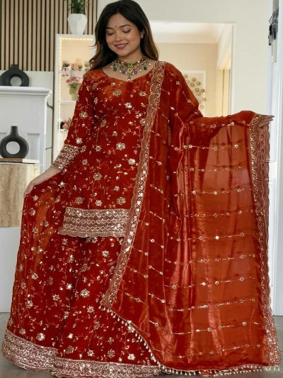 Orange Embroidered Zari Sharara Palazzo Suit Set