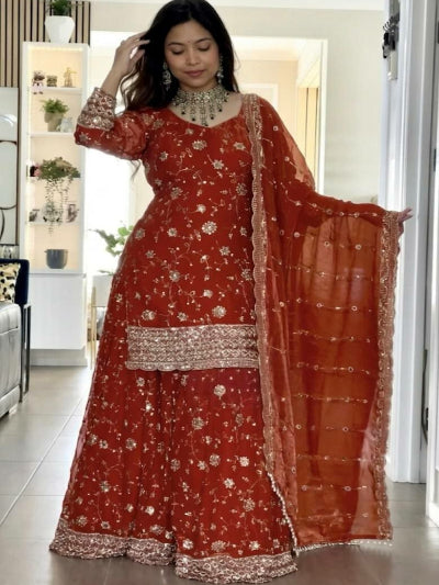 Orange Embroidered Zari Sharara Palazzo Suit Set
