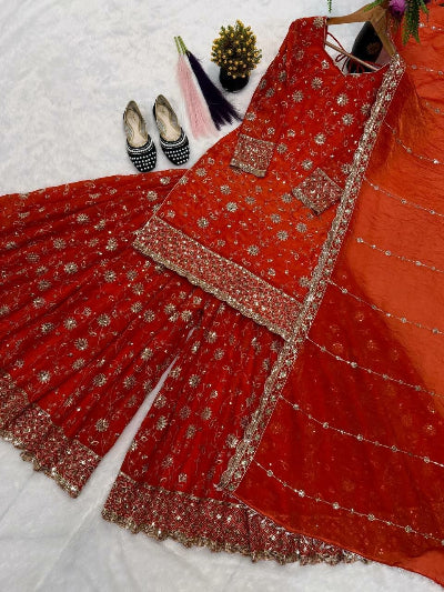 Orange Embroidered Zari Sharara Palazzo Suit Set