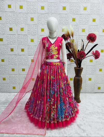 Kids Dark Pink Printed Embroidery Work Lehenga Choli Set - BONYHUBLehangas